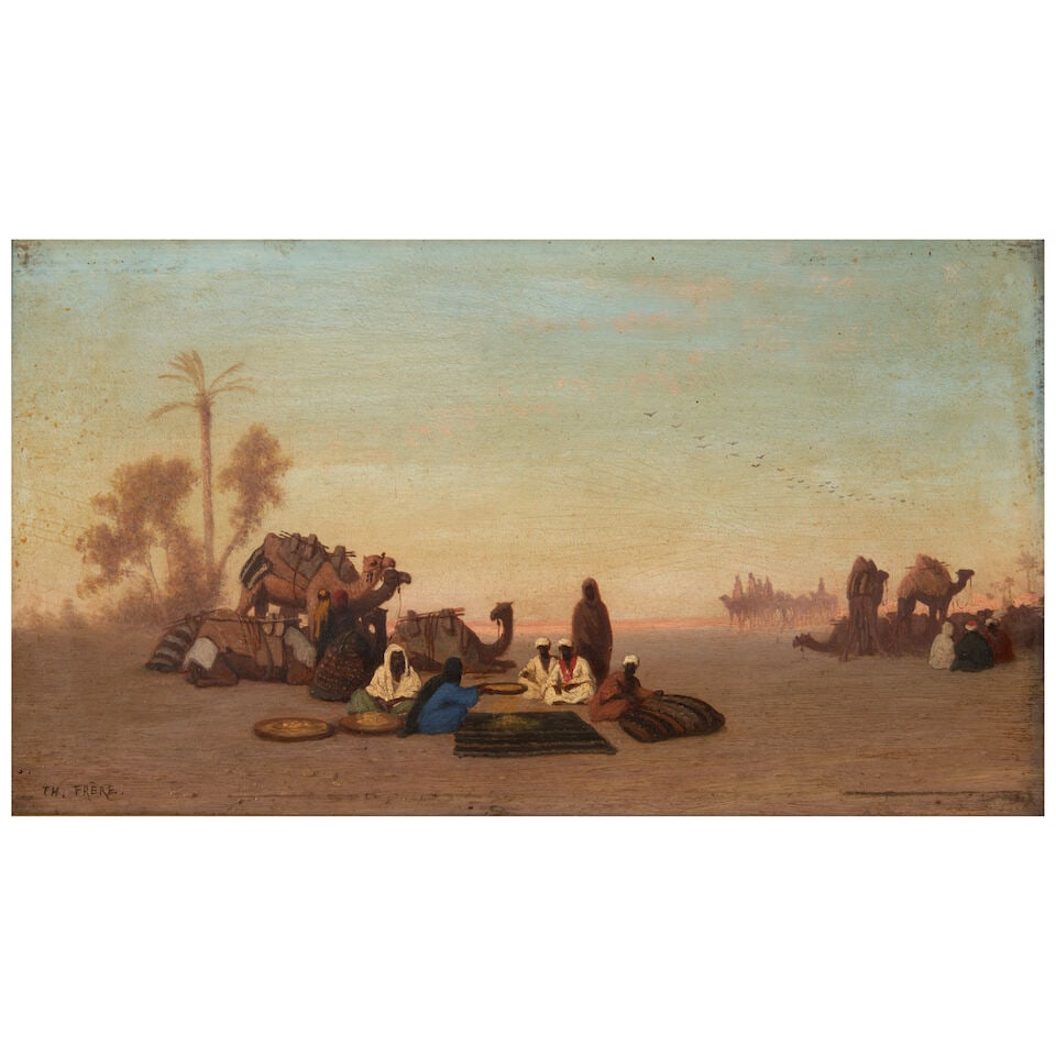 Charles-Théodore Frère (French, 1814-1888) Caravans at Rest in the Desert (framed 31.0...: Charles-Théodore Frère (French, 1814-1888) Caravans at Rest in the Desert signed 'TH. FRÈRE.' (lower left) oil on panel 16.5 x 29.0 cm (6 1/2 x 11 7/16 in). framed 31.0 x 44.0 x 7.0