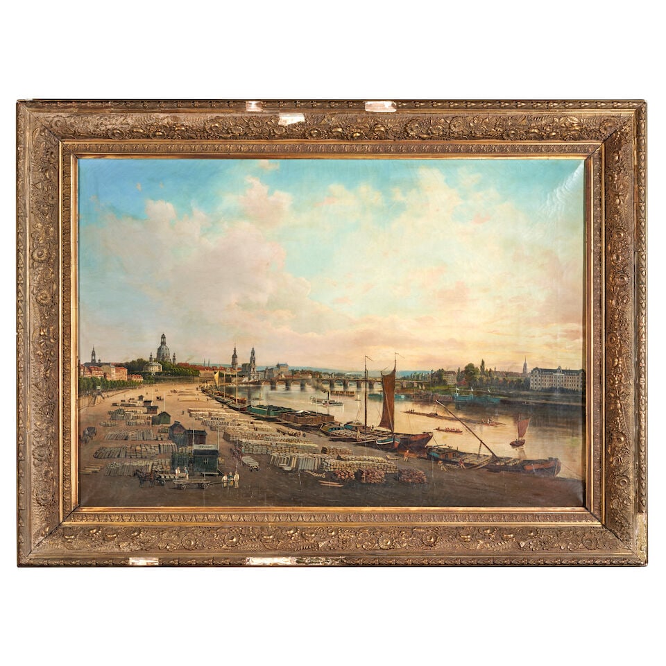 Follower of Bernardo Bellotto (Italian, 1721-1780), 19th century View of Dresden from the Elbe R...: Follower of Bernardo Bellotto (Italian, 1721-1780), 19th century View of Dresden from the Elbe River and the Docks unsigned oil on canvas 73.6 x 109.2 cm (29 x 43 in). framed 99.0 x 129.5 x 10.2 cm