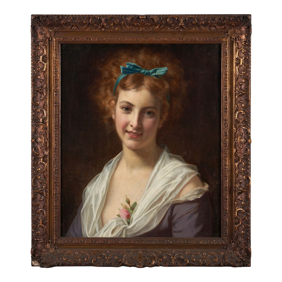 Hugues Merle (French, 1823-1881) Woman with a Blue Bow (framed 61.0 x 70.0 x 6.0 cm (24 x 27 9/1...: Hugues Merle (French, 1823-1881) Woman with a Blue Bow signed 'Hugues Merle' (center left) oil on canvas 56.0 x 46.0 cm (22 1/16 x 18 1/8 in). framed 61.0 x 70.0 x 6.0 cm (24 x 27 9/16 x 2 3/8