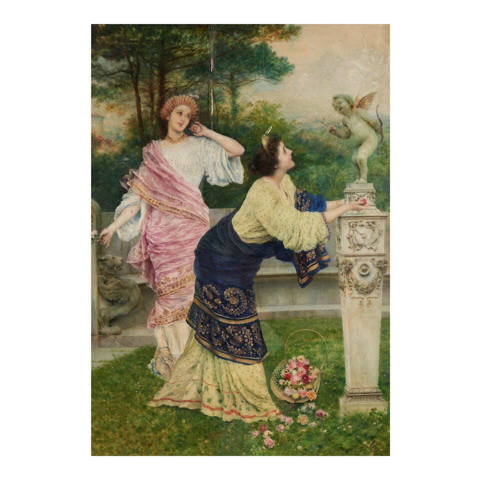 Francesco Vinea (Italian, 1845-1902) An Offering to Eros (framed 127.0 x 97.7 x 6.5 cm (50 x 38 ...: Francesco Vinea (Italian, 1845-1902) An Offering to Eros signed 'Vinea / Firenze 1899' (lower right) oil on panel 106.6 x 76.2 cm (41 15/16 x 30 in). framed 127.0 x 97.7 x 6.5 cm (50 x 38 1/2 x 2
