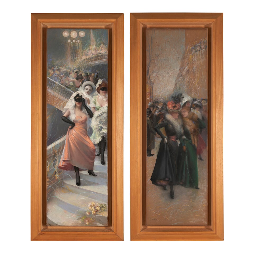 Delphin Enjolras (French, 1857-1945) Two Pastels:: Delphin Enjolras (French, 1857-1945) Two Pastels: Le Bal Masque and Elegantes sur le Boulevard, Un Jour de Fete each initialed 'D.E.' (lower right and left) pastel mounted to canvas 113 x 35.5 cm