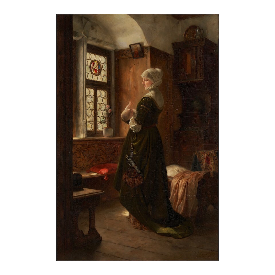 Eduard Niczky (German, 1850-1919) Mother's Love (framed 106.1 x 78.1 x 6.3 cm (41 3/4 x 30 3/4 x...: Eduard Niczky (German, 1850-1919) Mother's Love signed, dated, and inscribed 'E. Niczky 1881 / München' (lower right); inscribed with date 'DAMAR / DEC 1986' (on the reverse) oil on canvas 83.8