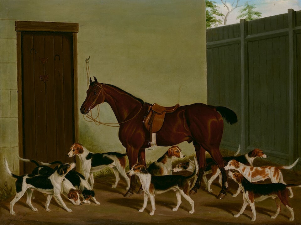 James Loder Of Bath (British, 1784-1860) A Bay Hunter with Fox Hounds in a Stable (framed 80.5 x... (1 of 2)