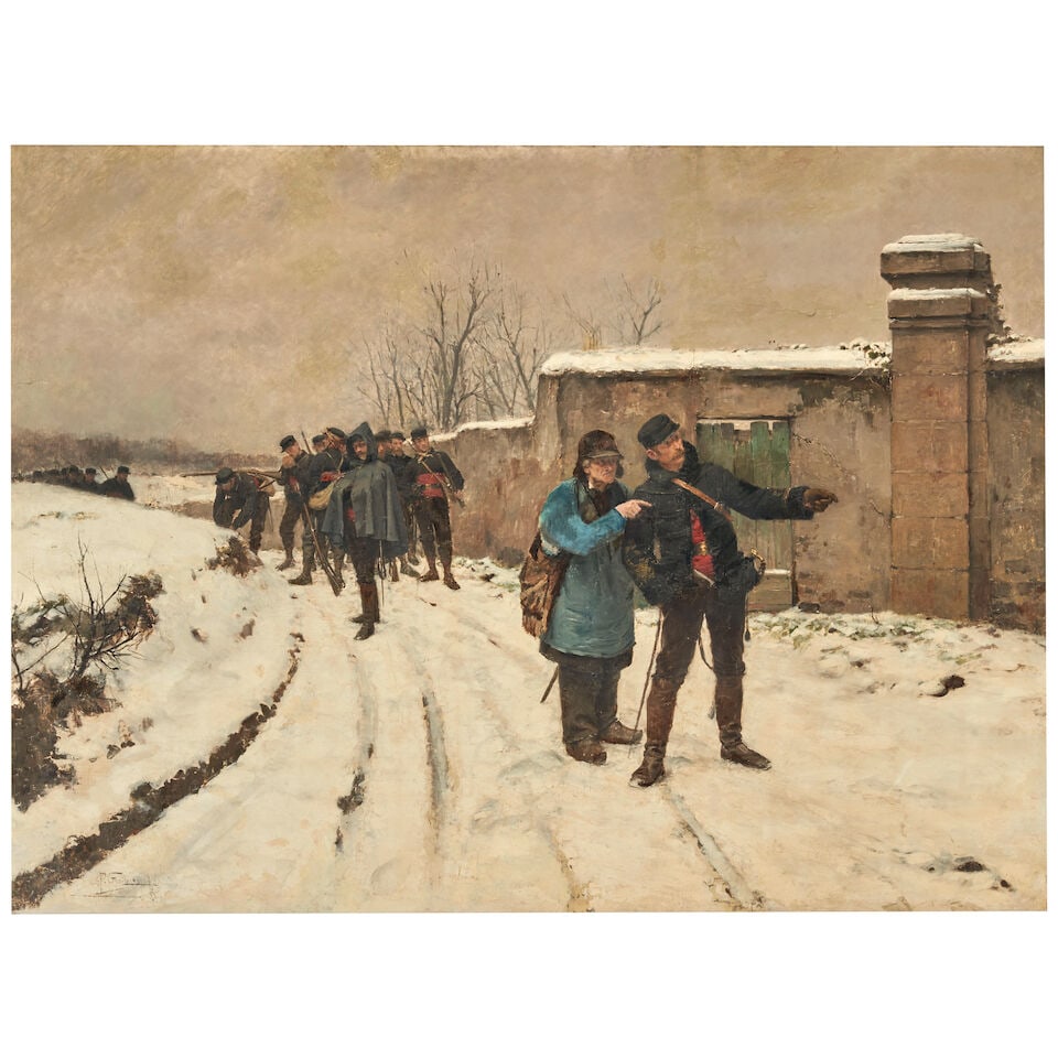 Paul Louis Narcisse Grolleron (French, 1848-1901) Troops Pausing on a Village Road in Winter (fr... (1 of 4)