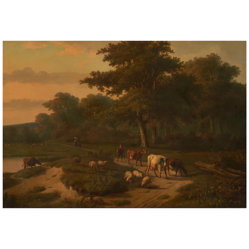 Eugène Verboeckhoven (Belgian, 1798-1881) and Johann Bernhard Klombeck (Dutch, 1815-1893) H...: Eugène Verboeckhoven (Belgian, 1798-1881) and Johann Bernhard Klombeck (Dutch, 1815-1893) Herding by the Forest's Edge signed 'B. Klombeck / Eugène Verboeckhoven' (lower center) oil on canva