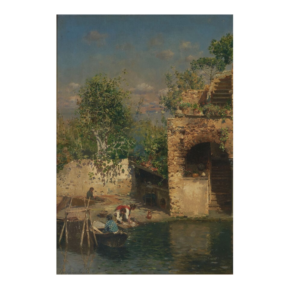 Rubens Santoro (Italian, 1859-1942) Women Doing the Washing (framed 67.0 x 54.0 x 9.0 cm (26 3/8...: Rubens Santoro (Italian, 1859-1942) Women Doing the Washing signed 'Rubens Santoro' (lower left) oil on canvas behind glass 42.0 x 29.5 cm (16 9/16 x 11 5/8 in). framed 67.0 x 54.0 x 9.0 cm (26 3/8 x