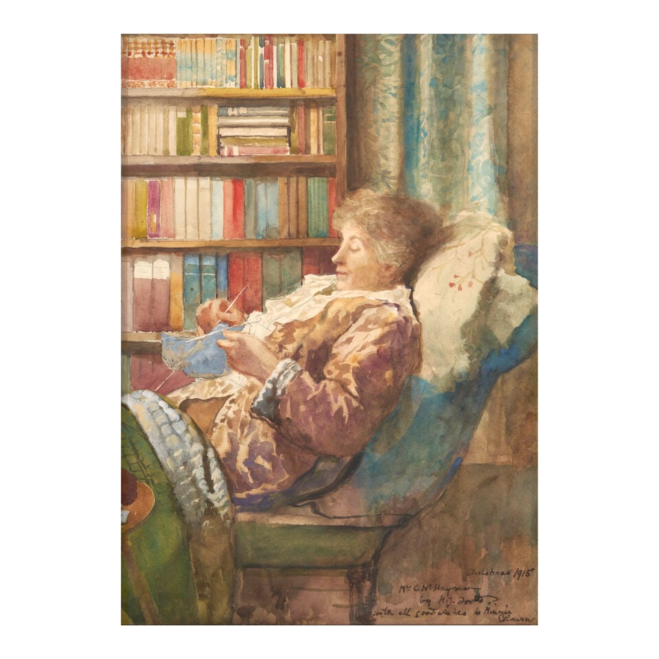 Henry Justice Ford (British, 1860-1941) Knitting in Her Chair (framed and behind glass 55.0 x 44...: Henry Justice Ford (British, 1860-1941) Knitting in Her Chair dated, inscribed, and signed 'Christmas 1915 / Mrs. C.N. Hay[...] / by H.J. Ford / with all good wishes to Minnie Colman' (lower
