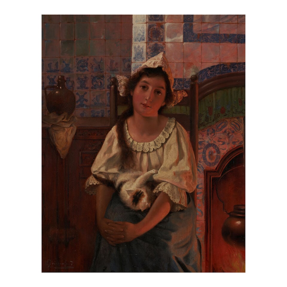 Alois Heinrich Priechenfried (Austrian, 1867-1953) A Portrait of a Girl with her Cat (framed 81....: Alois Heinrich Priechenfried (Austrian, 1867-1953) A Portrait of a Girl with her Cat signed 'A. Priechenfried' (lower left) oil on canvas 52.7 x 42.5 cm (20 3/4 x 16 3/4 in). framed 81.5 x 70.8 x