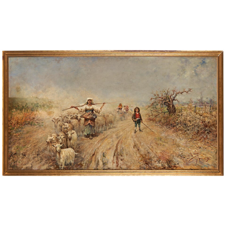 Rafael Senet y Perez (Spanish, 1856-1926) The Shepherds (framed 103.5 x 58.5 x 3.5 cm (40 3/4 x ...: Rafael Senet y Perez (Spanish, 1856-1926) The Shepherds signed, inscribed, and dated 'R. Senet / Roma 83' (lower right) oil on canvas 99.5 x 54.5 cm (39 3/16 x 21 7/16 in). framed 103.5 x 58.5 x