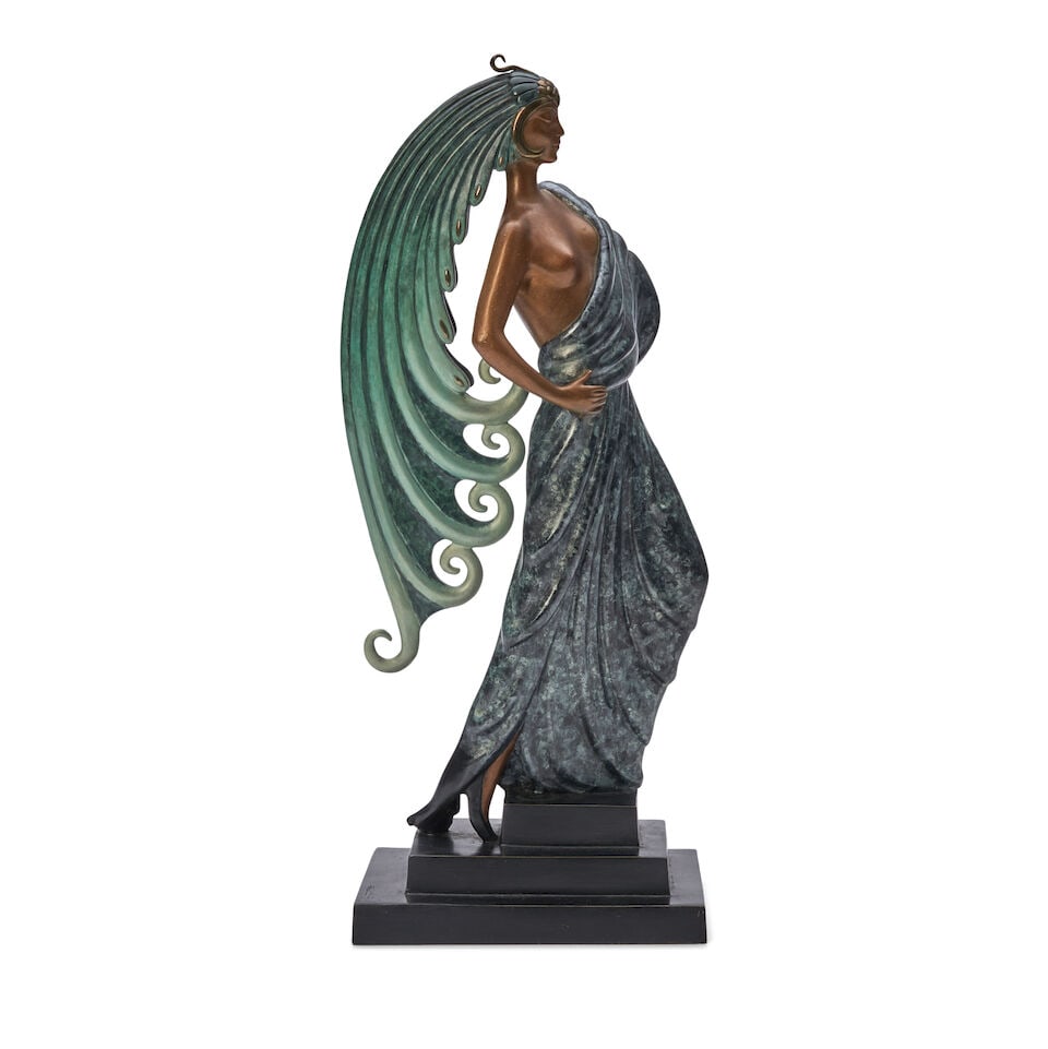 Erte (1892-1990) Russian/French: Erte (1892-1990) Russian/French model of 'Beauty and the Beast', 1980, cold-painted cast bronze sculpture, signed, numbered 183/250, and stamped Sevenarts Ltd., depicting an Art Deco-style figure