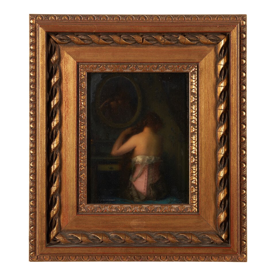 Etienne Tournes (French, 1857-1931) A Woman Brushing Her Hair in the Mirror (framed 32.5 x 28.5 ... (1 of 3)