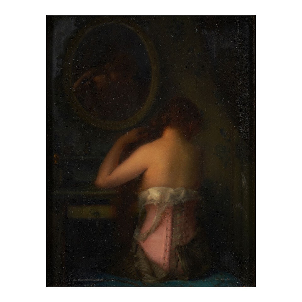 Etienne Tournes (French, 1857-1931) A Woman Brushing Her Hair in the Mirror (framed 32.5 x 28.5 ... - 3