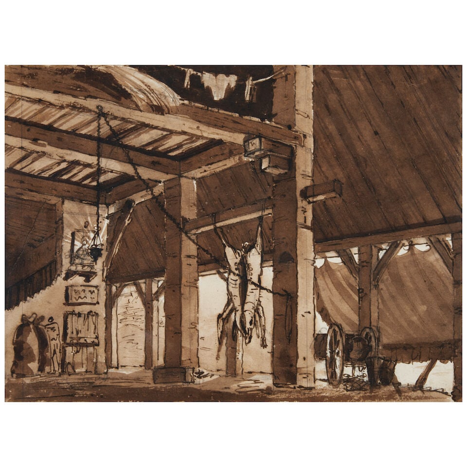 Carlo Labruzzi (Italian, 1747-1817) Interior of a Slaughterhouse: Carlo Labruzzi (Italian, 1747-1817) Interior of a Slaughterhouse unsigned brush, brown ink, and pencil on paper sheet size 22 1/2 x 29 1/2 cm (8 7/8 x 11 5/8 in). framed 46.0 x 53.0 x 2.0 cm (18 1/8 x