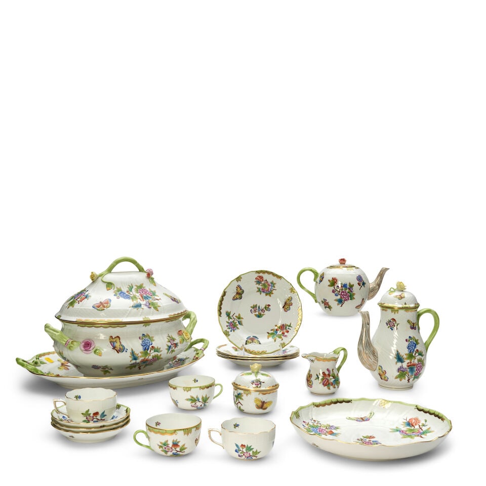 Assembled Collection of Herend 'Queen Victoria' Porcelain, Hungary, 20th century,: Assembled Collection of Herend 'Queen Victoria' Porcelain, Hungary, 20th century, polychrome enameled with flowers and butterflies and with gilded trim, including a covered soup tureen and stand, ture