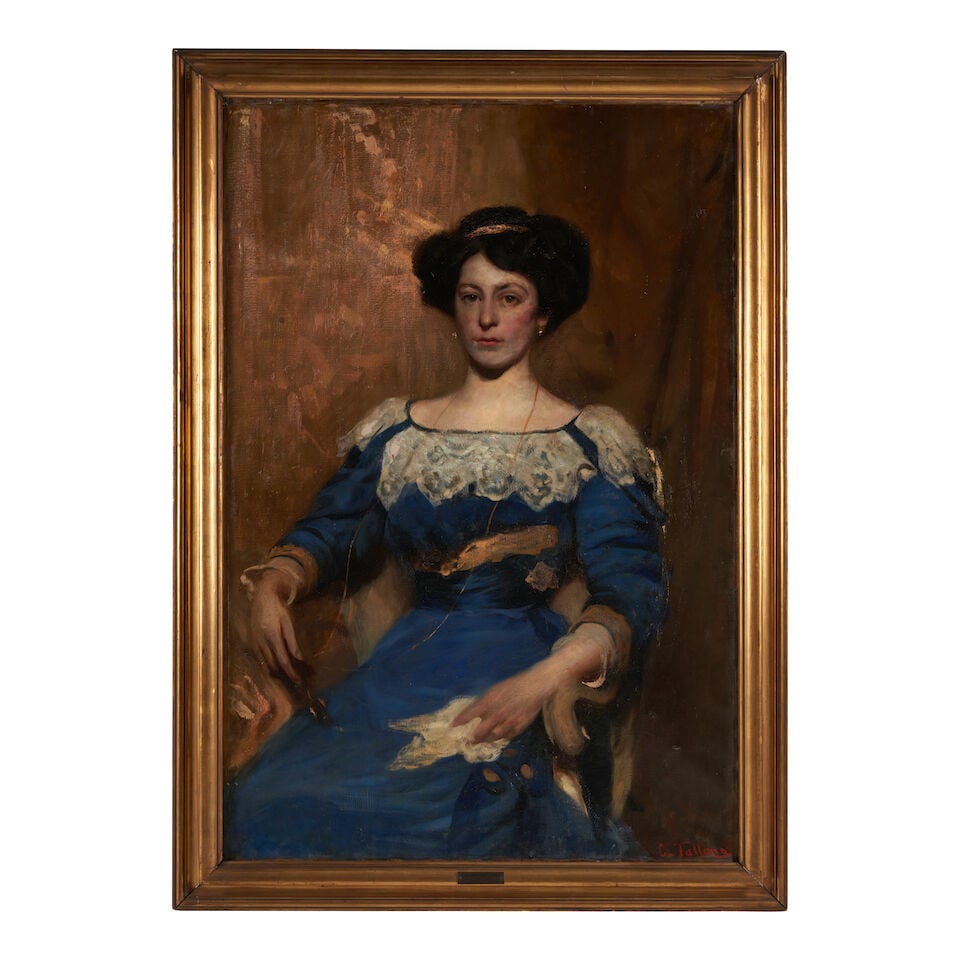 Cesare Tallone (Italian, 1853-1919) Portrait of a Lady in Blue (framed 141.0 x 101.0 x 5.0 cm (5...: Cesare Tallone (Italian, 1853-1919) Portrait of a Lady in Blue signed 'C. Tallone' (lower right); dated '1932' (on a label affixed to the stretcher) oil on canvas 125.0 x 85.0 cm (49 3/16 x 33 7/16