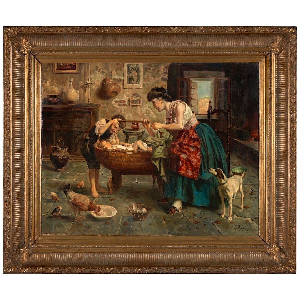 Eugenio Zampighi (Italian, 1859-1944) The New Baby (framed 83.0 x 98.5 x 6.5 cm (32 11/16 x 38 3... (1 of 4)