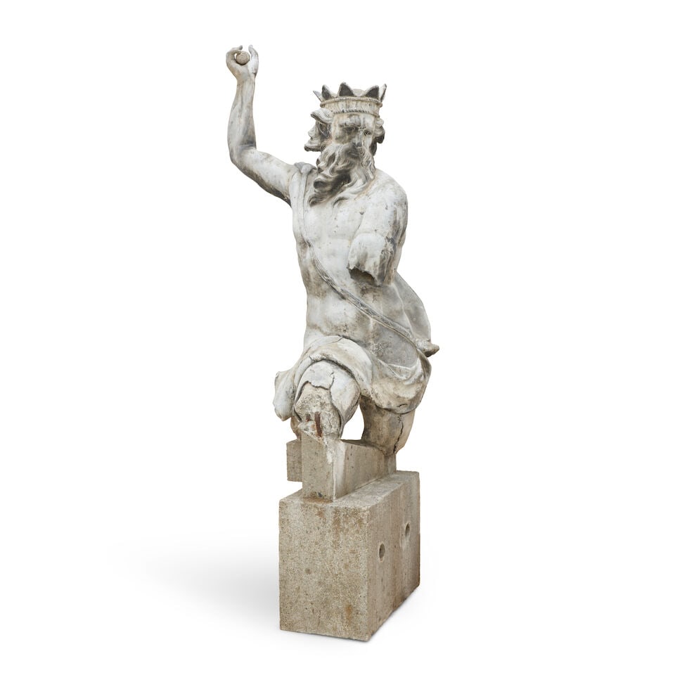 Two Lead Nautical Figures, 18th century,: Two Lead Nautical Figures, 18th century, a model of Neptune, and a dolphin, each fragmented, the Neptune mounted atop a stone base, approx. overall ht. 78, figure alone approx. 56; with cement