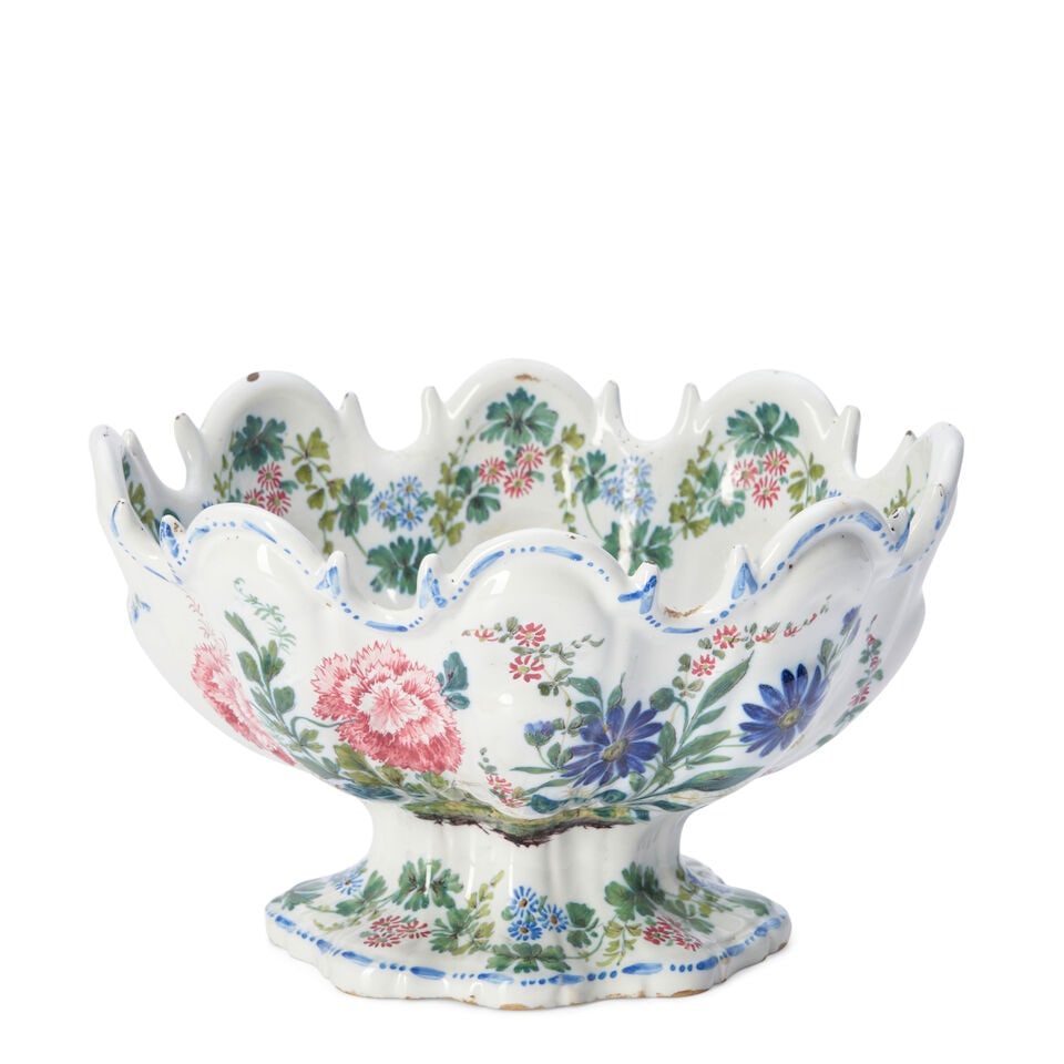 Italian Maiolica Tin Glazed Monteith, 19th century,: Italian Maiolica Tin Glazed Monteith, 19th century, oval shape with scalloped rim, polychrome decorated inside and out with flowers and foliage, painted mark 'CBV Nove', lg. 9, ht. 5 3/4