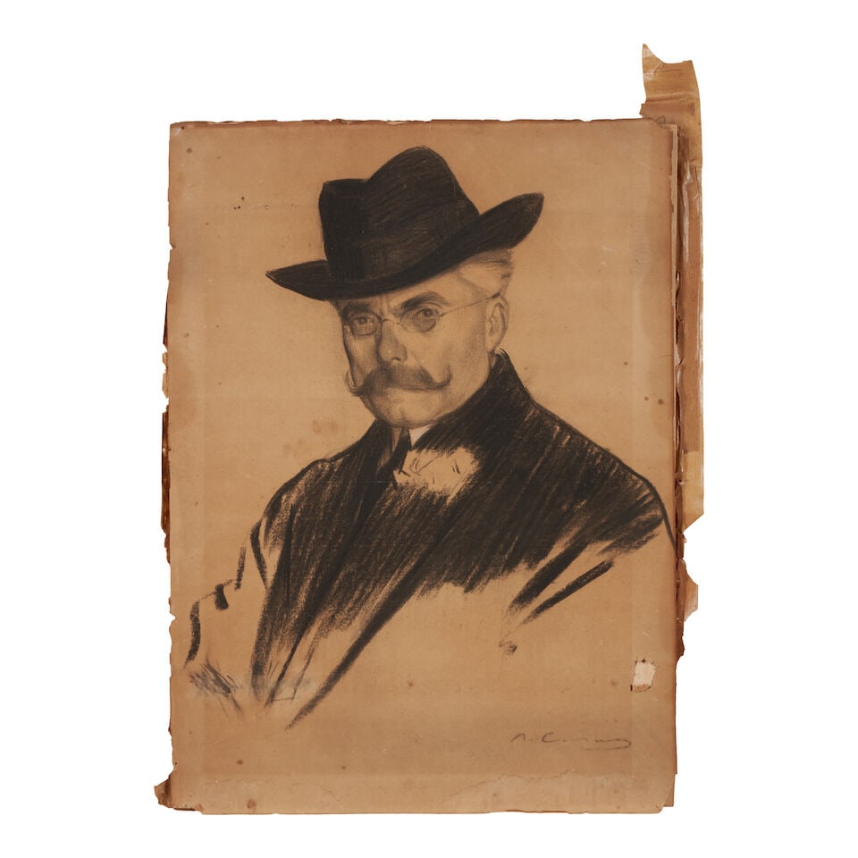 Ramon Casas i Carbó (Spanish, 1866-1932) Portrait of a Man in a Black Hat: Ramon Casas i Carbó (Spanish, 1866-1932) Portrait of a Man in a Black Hat signed 'R. Casas' (lower right) charcoal on laid paper sheet 60.0 x 44.0 cm (23 5/8 x 17 5/16 in). unframed For further