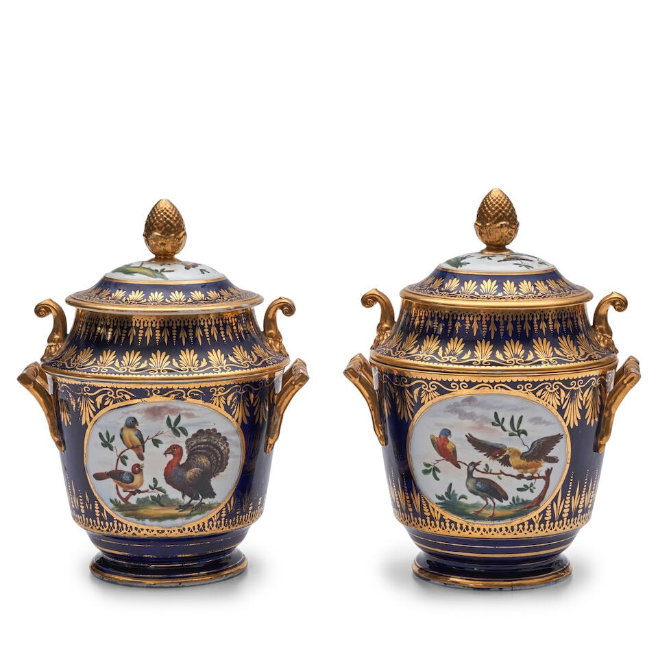 Pair of Ornithological Porcelain Fruit Coolers, England, early 19th century,: Pair of Ornithological Porcelain Fruit Coolers, England, early 19th century, probably Coalport, with covers and liners, each polychrome enameled with birds within a cobalt blue ground, gilded borders,