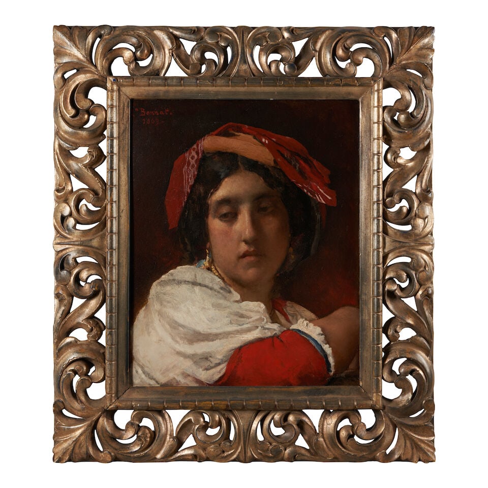 Léon Joseph Florentin Bonnat (French, 1833-1922) L'Italienne (framed 68.0 x 59.5 x 3.2 cm (...: Léon Joseph Florentin Bonnat (French, 1833-1922) L'Italienne signed and dated 'Ln Bonnat / 1869' (upper left) oil on canvas 47.0 x 38.5 cm (18 1/2 x 15 3/16 in). framed 68.0 x 59.5 x 3.2 cm