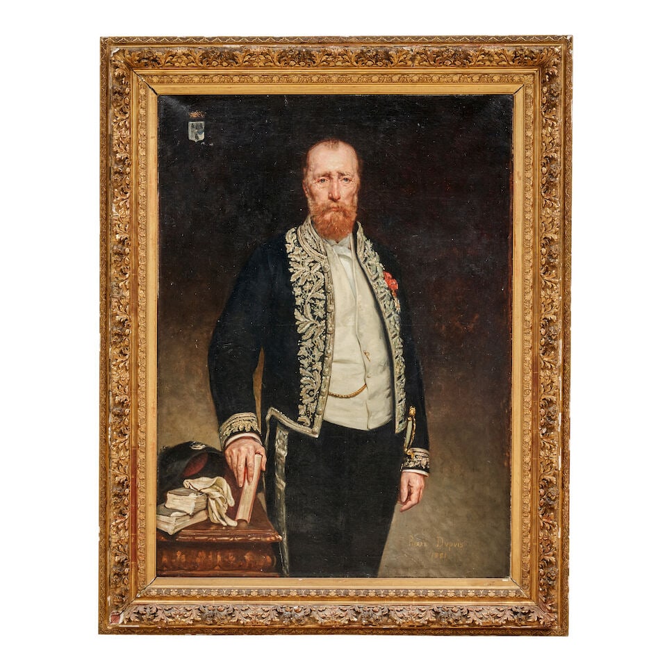 Pierre Dupuis (French, 1833-1915) Portrait of a Man in an Embroidered Suit (framed 165.0 x 130.0...: Pierre Dupuis (French, 1833-1915) Portrait of a Man in an Embroidered Suit signed and dated 'Pierre Dupuis / 1881' (lower right) oil on canvas 136.0 x 100.0 cm (53 9/16 x 39 3/8 in). framed 165.0 x