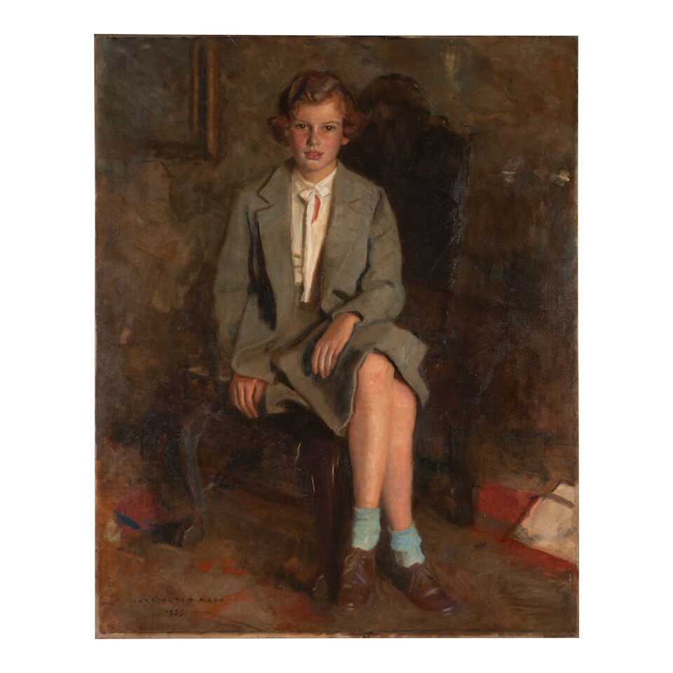 Harrington Mann (British, 1864-1937) Portrait of a Girl in Grey (unframed): Harrington Mann (British, 1864-1937) Portrait of a Girl in Grey signed and dated 'HARRINGTON MANN / 1935' (lower left) oil on canvas 127.0 x 102.0 cm (50 x 40 3/16 in). unframed For further