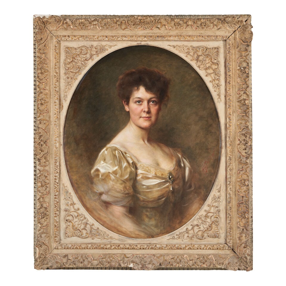 Arthur von Ferraris (Hungarian, 1856-1936) Portrait of a Woman in Silver (framed in an oval sigh... (1 of 3)