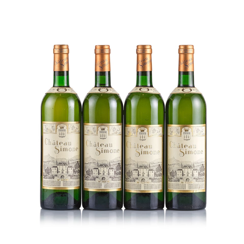 Château Simone, Palette, White, 2004 (4 x 750ml): Château Simone, Palette, White, 2004 (4 x 750ml) Region: Provence Fill Level: into neck Capsule: ok Cork: ok Label: lightly marked and lightly bin-soiled Packaging: neutral carton This lot is