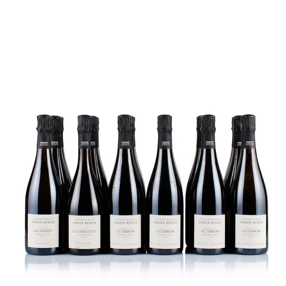 Mixed Lot of Champagne Adrien Renoir, Grand Cru, Non-Vintage & 2017 (18 x 750ml): Champagne Adrien Renoir, Les Epinettes, Grand Cru, 2017 (1 x 750ml) Region: Champagne Fill Level: excellent Capsule: ok Cork: ok Label: slightly bin-soiled and stained Packaging: neutral carton