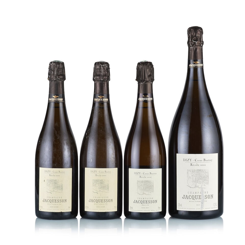Champagne Jacquesson, Dizy, Corne Bautray, 2000, 2002 & 2004 (3 x 750ml, 1 x Magnum): Champagne Jacquesson, Dizy, Corne Bautray, 2000 (2 x 750ml) Region: Champagne Fill Level: excellent Capsule: slightly scratched Cork: ok Label: all bin-soiled and stained, 1x nicked Packaging: