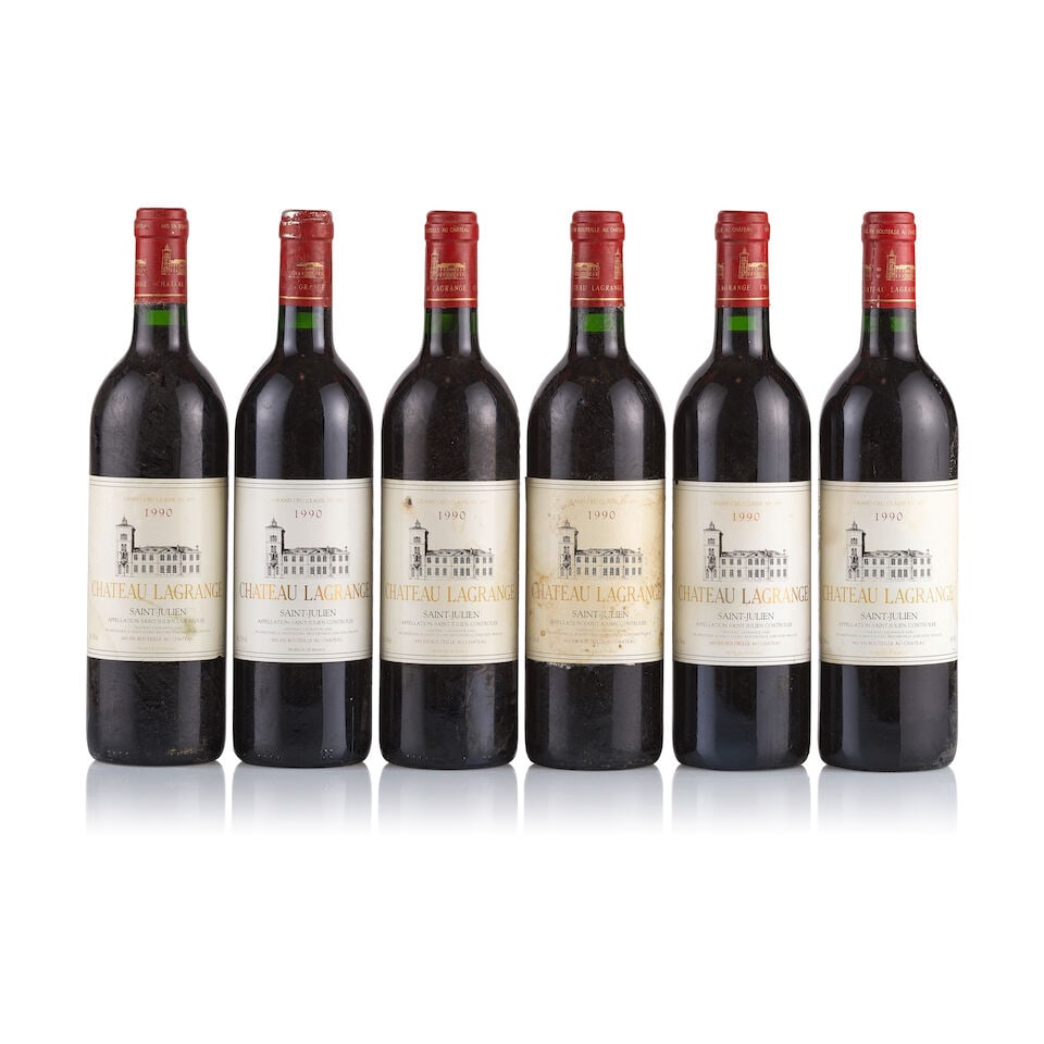 Château Lagrange, Saint-Julien, Grand Cru Classé, 1990 (6 x 750ml): Château Lagrange, Saint-Julien, Grand Cru Classé, 1990 (6 x 750ml) Region: Bordeaux Fill Level: into neck Capsule: corroded Cork: ok Label: bin-soiled, worn, nicked, and damp-stained, 1x tor