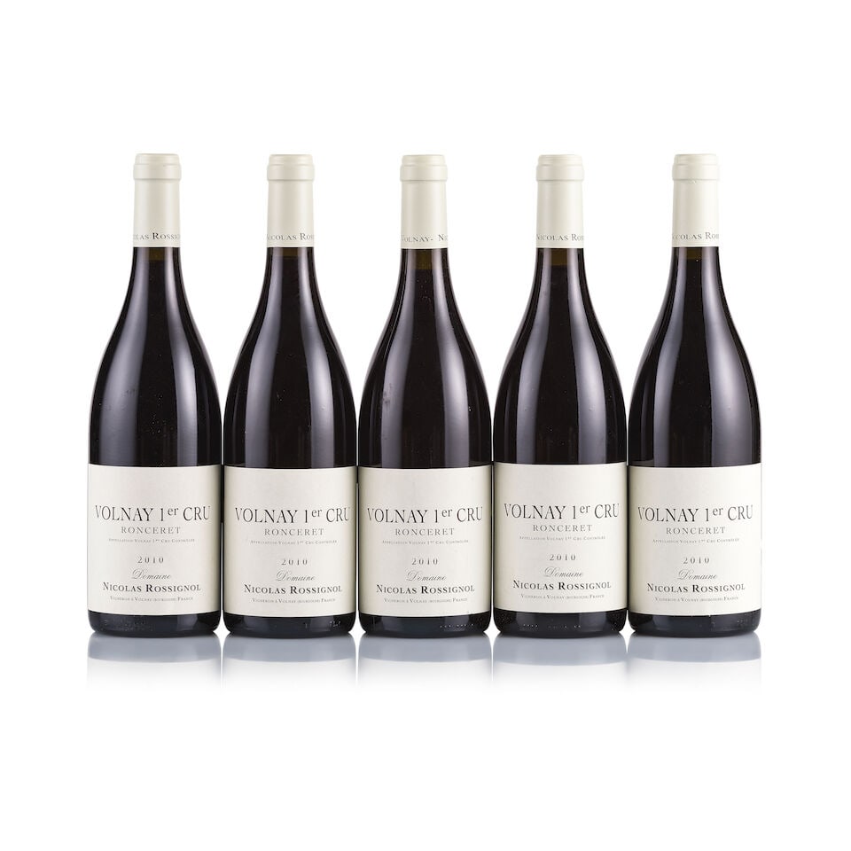 Domaine Nicolas Rossignol, Volnay 1er Cru, Ronceret, 2010 (5 x 750ml): Domaine Nicolas Rossignol, Volnay 1er Cru, Ronceret, 2010 (5 x 750ml) Region: Burgundy Fill Level: excellent Capsule: ok Cork: ok Label: good appearance Packaging: neutral carton This lot is subject t
