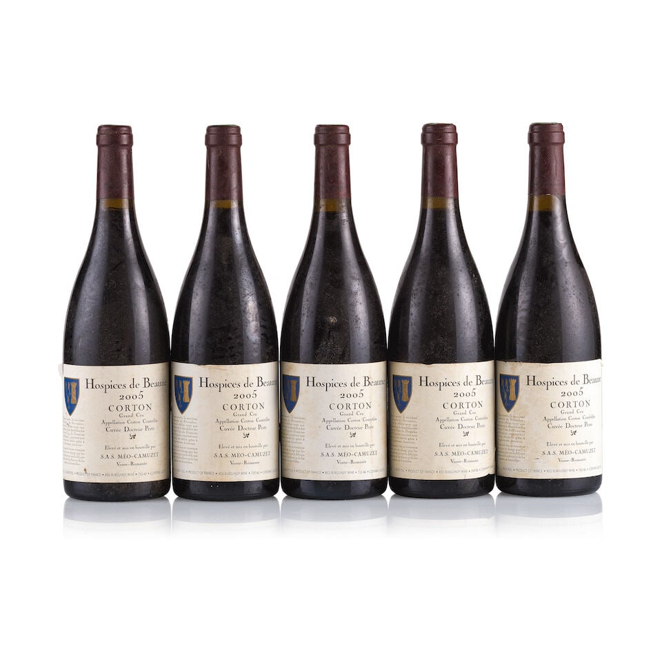 Domaine Méo-Camuzet, Corton Grand Cru, Hospices de Beaune, 2005 (5 x 750ml): Domaine Méo-Camuzet, Corton Grand Cru, Hospices de Beaune, 2005 (5 x 750ml) Region: Burgundy Fill Level: excellent Capsule: ok Cork: ok Label: all bin-soiled, damp-stained, marked and slightly