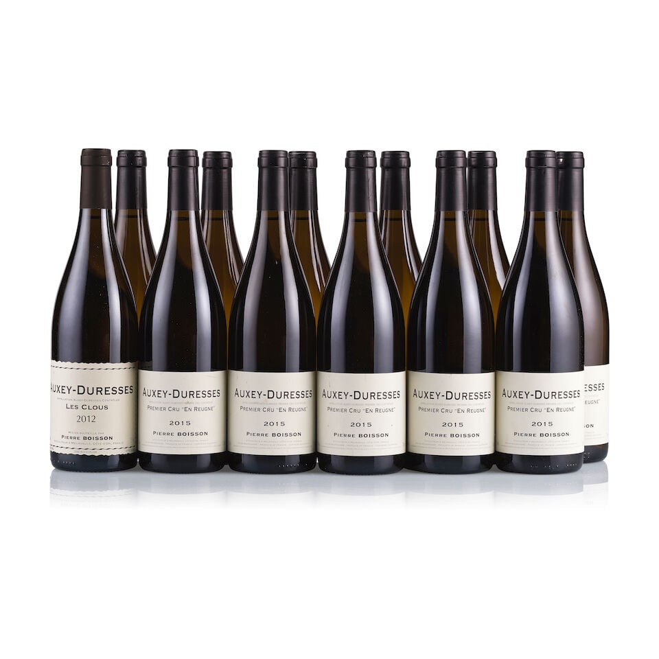 Mixed Lot of Pierre Boisson, Auxey-Duresses, 2012 & 2015 (12 x 750ml): Pierre Boisson, Auxey-Duresses 1er Cru, En Reugne, 2015 (11 x 750ml) Region: Burgundy Fill Level: excellent Capsule: ok Cork: ok Label: 8x slightly marked, 3x good appearance Packaging: neutral