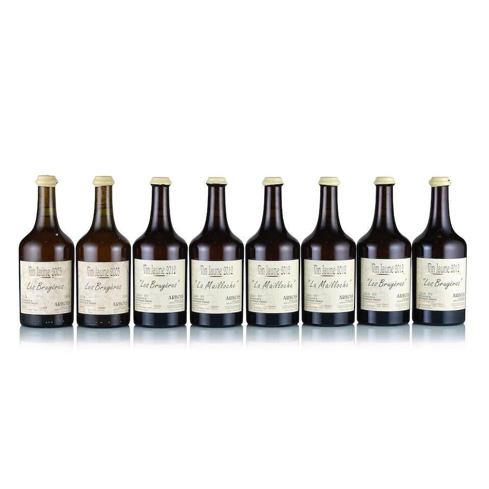 Bénédicte & Stéphane Tissot, Abois, Vin Jaune, Les Bruyères, 2003 & 2012 (8 ...: Bénédicte & Stéphane Tissot, Arbois, Vin Jaune, Les Bruyères, 2003 (2 x 620ml) Region: Jura Fill Level: into neck Capsule: white wax, ok Cork: ok Label: all bin-soiled and stained,