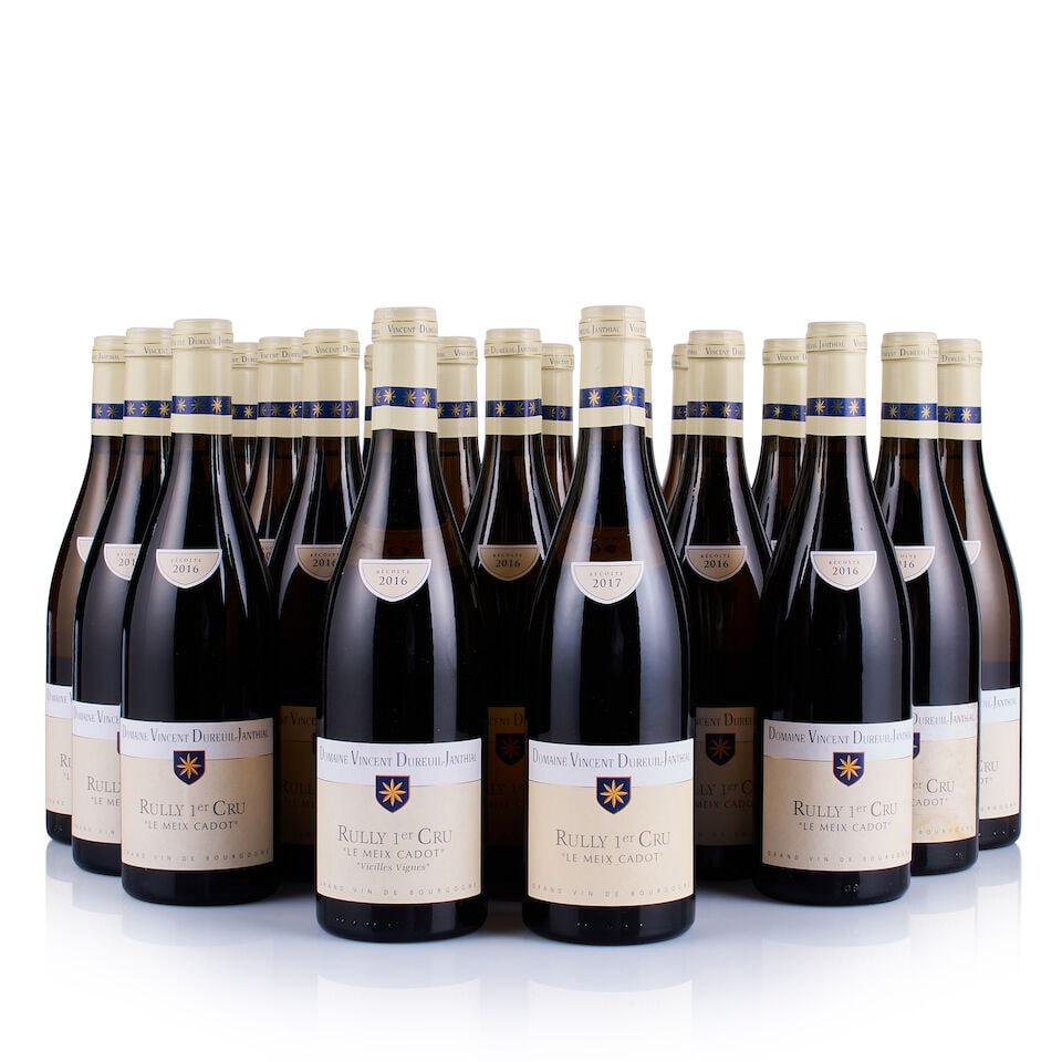 Domaine Dureuil Janthial, Rully 1er Cru, Le Meix Cadot, 2016 & 2017 (22 x 750ml): Domaine Dureuil Janthial, Rully 1er Cru, Le Meix Cadot, 2016 (12 x 750ml) Region: Burgundy Fill Level: excellent Capsule: ok Cork: ok Label: 1x badly stained, 11x good appearance Packaging: original