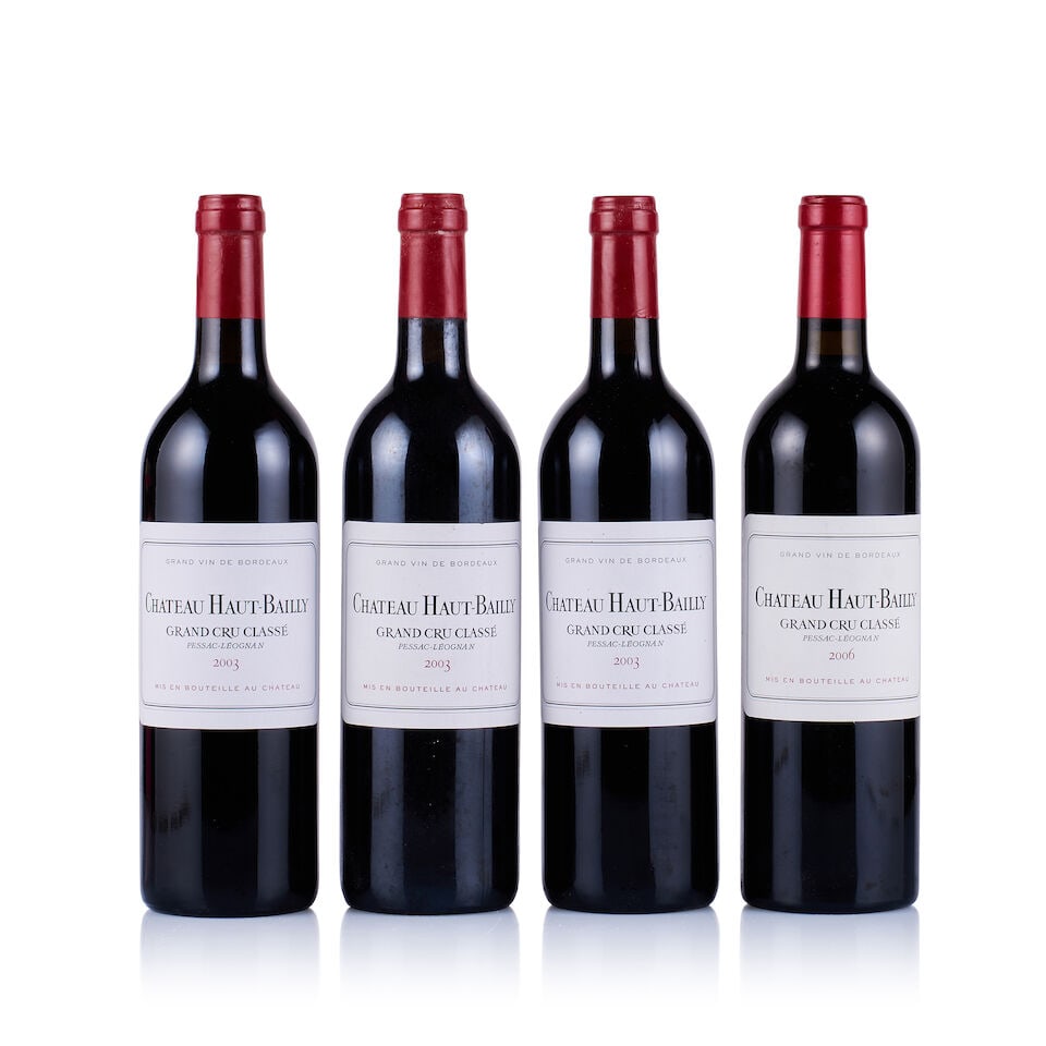 Château Haut-Bailly, Pessac-Léognan, Grand Cru Classé, 2003 & 2006 (4 x 750ml): Château Haut-Bailly, Pessac-Léognan, Grand Cru Classé, 2003 (3 x 750ml) Region: Bordeaux Fill Level: into neck Capsule: ok Cork: ok Label: all very slightly stained Packaging: neutral c