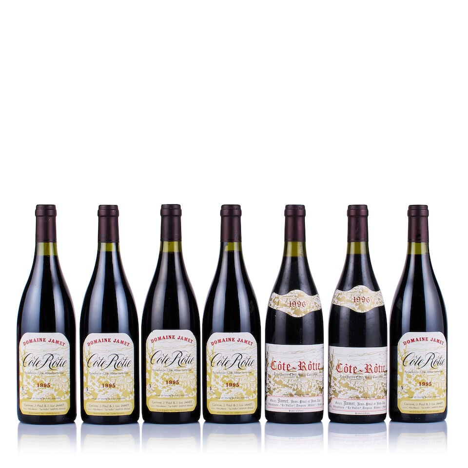 Domaine Jamet, Côte-Rôtie, 1995 & 1996 (7 x 750ml): Domaine Jamet, Côte-Rôtie, 1995 (5 x 750ml) Region: Rhone Valley Fill Level: 1x under 1.5cm, 4x under 1cm below base of capsules Capsule: ok Cork: ok Label: all slightly marked Packaging: ne