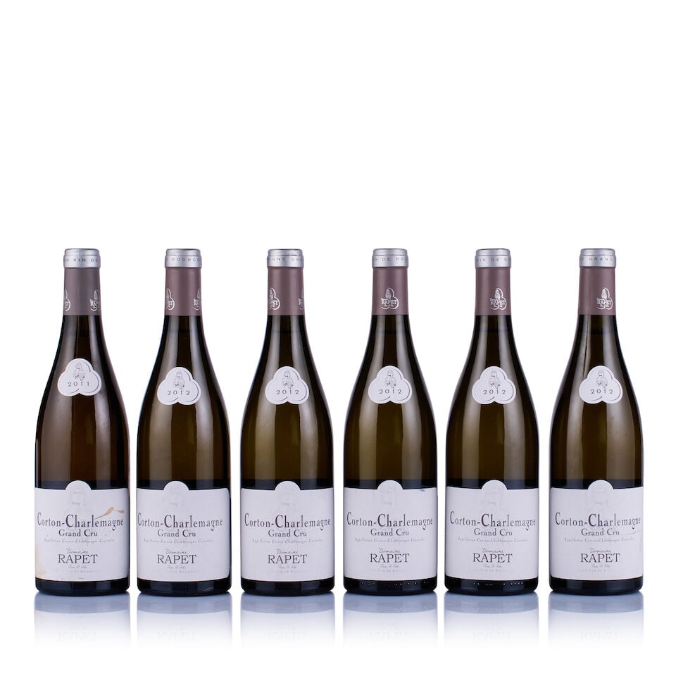 Domaine Rapet, Corton-Charlemagne, 2011 & 2012 (6 x 750ml): Domaine Rapet, Corton-Charlemagne Grand Cru, 2011 (1 x 750ml) Region: Burgundy Fill Level: excellent Capsule: ok Cork: ok Label: stained and nicked Domaine Rapet, Corton-Charlemagne Grand Cru, 2012