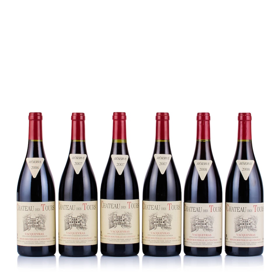Château des Tours, Vacqueyras, 2006, 2007 & 2008 (6 x 750ml): Château des Tours, Vacqueyras, 2006 (1 x 750ml) Region: Rhone Valley Fill Level: excellent Capsule: ok Cork: ok Label: bin-soiled Château des Tours, Vacqueyras, 2008 (2 x 750ml) Region: