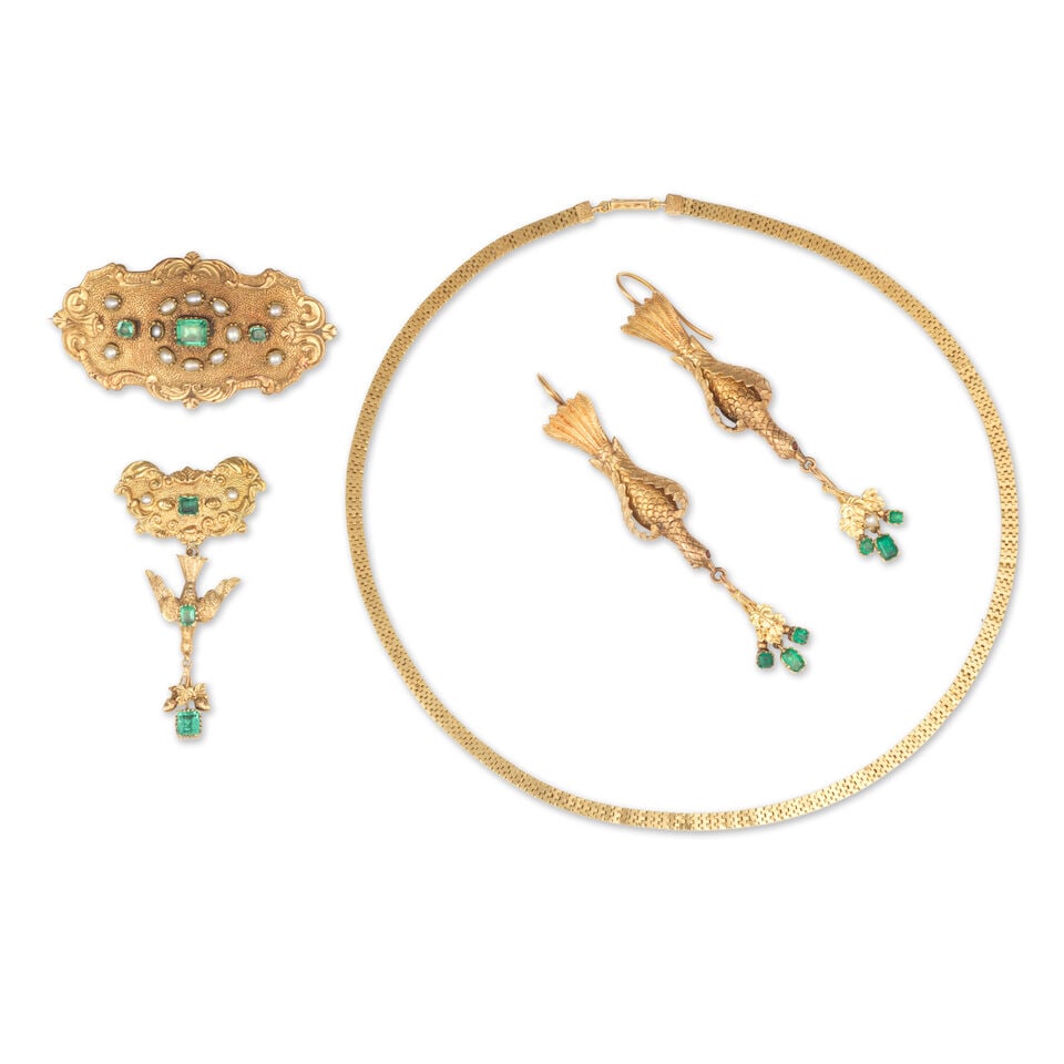 CULTURED PEARL, EMERALD AND RUBY DEMI PARURE PARURE PERLES DE CULTURE, ÉMERAUDES ET RUBIS: CULTURED PEARL, EMERALD AND RUBY DEMI PARURE PARURE PERLES DE CULTURE, ÉMERAUDES ET RUBIS • French import marks for 18 carat yellow gold (750 ‰) • Comprising a pair of earrings,