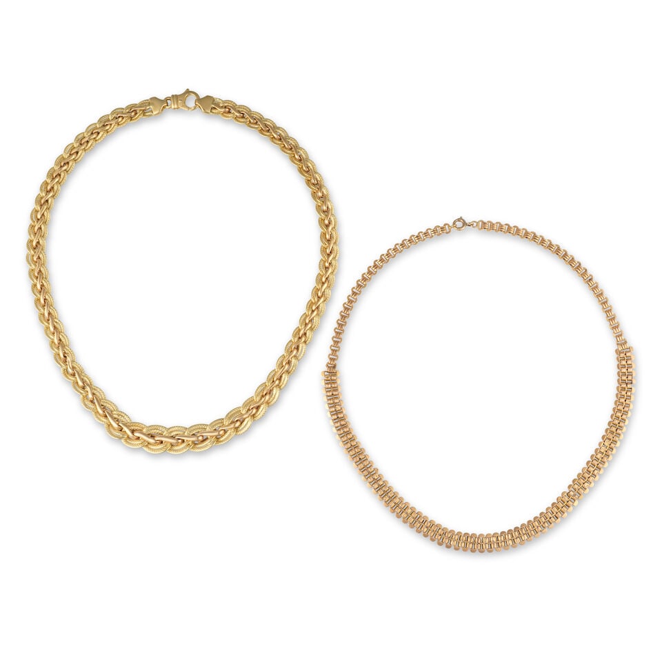 TWO GOLD NECKLACES DEUX COLLIERS EN OR: TWO GOLD NECKLACES DEUX COLLIERS EN OR • French import marks for 18 carat gold (750 ‰) • A yellow gold fancy braided-link chain and a rose gold fancy box-link chain • Length 43