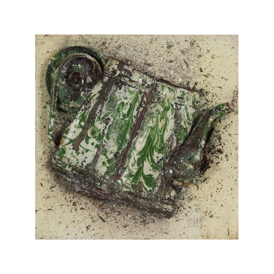 CÉSAR (CÉSAR BALDACCINI) (1921-1998) Nature morte Série Avatars circa 1970: CÉSAR (CÉSAR BALDACCINI) (1921-1998) Nature morte Série Avatars circa 1970 signé théière compressée montée sur panneau peint signed compressed teapot