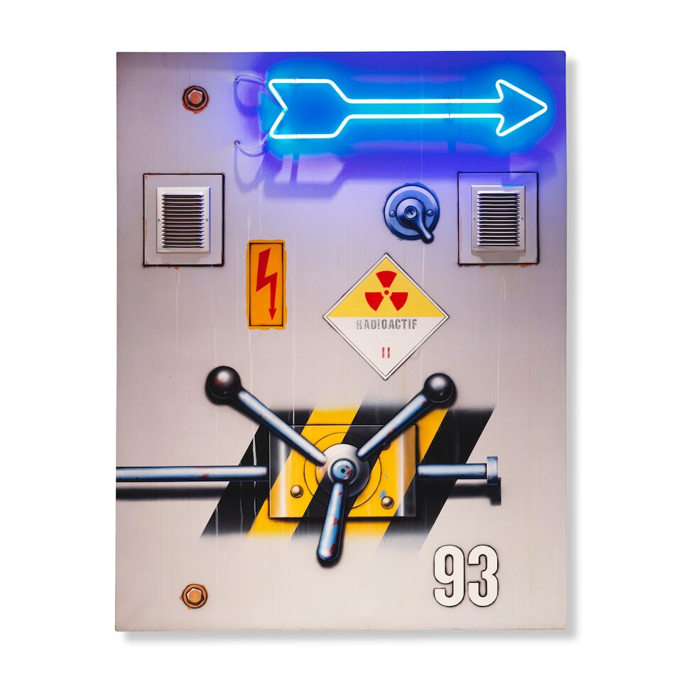 PETER KLASEN (N. 1935) Manette fond gris, Radioactif 93 1988: PETER KLASEN (N. 1935) Manette fond gris, Radioactif 93 1988 signé, titré et daté 1988 au revers acrylique, pochoir, métal et néon sur toile signed, titled and dated