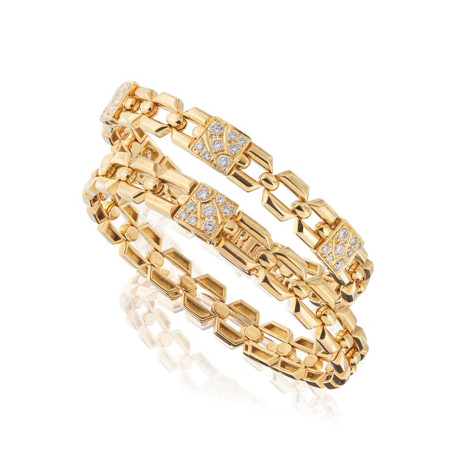 TWO DIAMOND BRACELETS DEUX BRACELETS DIAMANTS: TWO DIAMOND BRACELETS DEUX BRACELETS DIAMANTS • French assay marks for 18 carat yellow gold (750 ‰) • Brilliant-cut diamonds weighing approximately 1.80 ct total ​ •