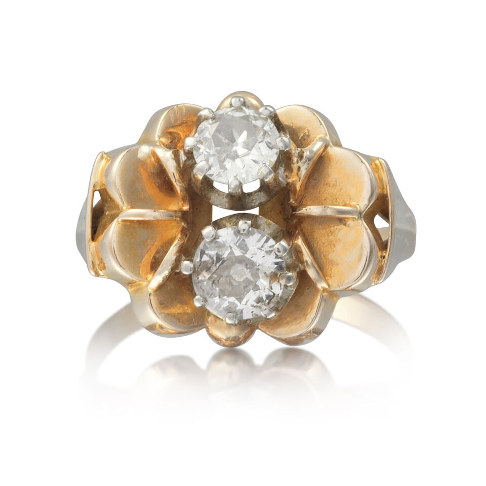 DIAMOND RING BAGUE DIAMANTS: DIAMOND RING BAGUE DIAMANTS • French mark for 18 carat yellow gold (750 ‰) • 2 old brilliant-cut diamonds weighing approximately 0.50-0.60 ct total • Ring size 54.5 (FR) -