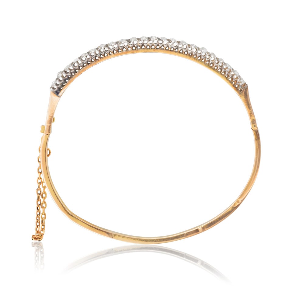 DIAMOND HINGED BANGLE BRACELET JONC DIAMANTS: DIAMOND HINGED BANGLE BRACELET JONC DIAMANTS • French marks for 18 carat rose gold (750 ‰) and for silver (800 ‰) • Rose-cut diamonds • Inner circumference 18.0 cm •