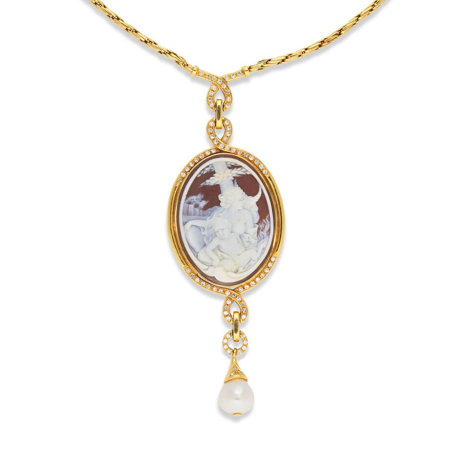 SHELL CAMEO, PEARL AND DIAMOND NECKLACE COLLIER CAMÉE COQUILLE, PERLE ET DIAMANTS - 3