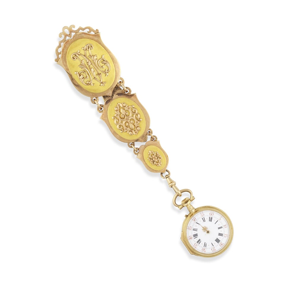 GOLD AND SILVER CHATELAINE CHATELAINE EN OR ET ARGENT: GOLD AND SILVER CHATELAINE CHATELAINE EN OR ET ARGENT • French import mark for 18 carat pink and yellow gold (750 ‰) and for silver (800 ‰) ​ • Circular watch suspended f